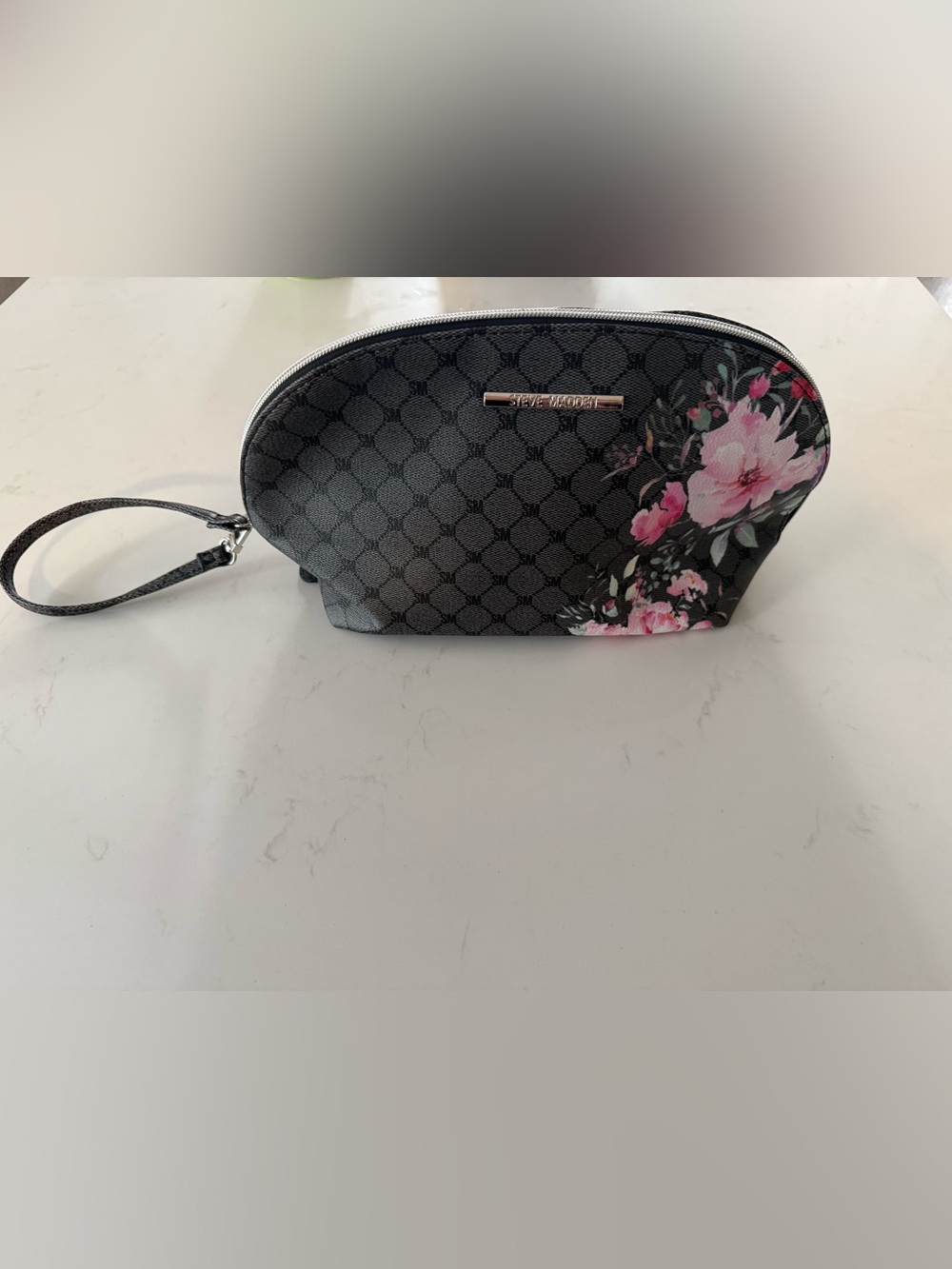 Steve Madden Gray Cosmetic Pouch with Pink Floral Accent